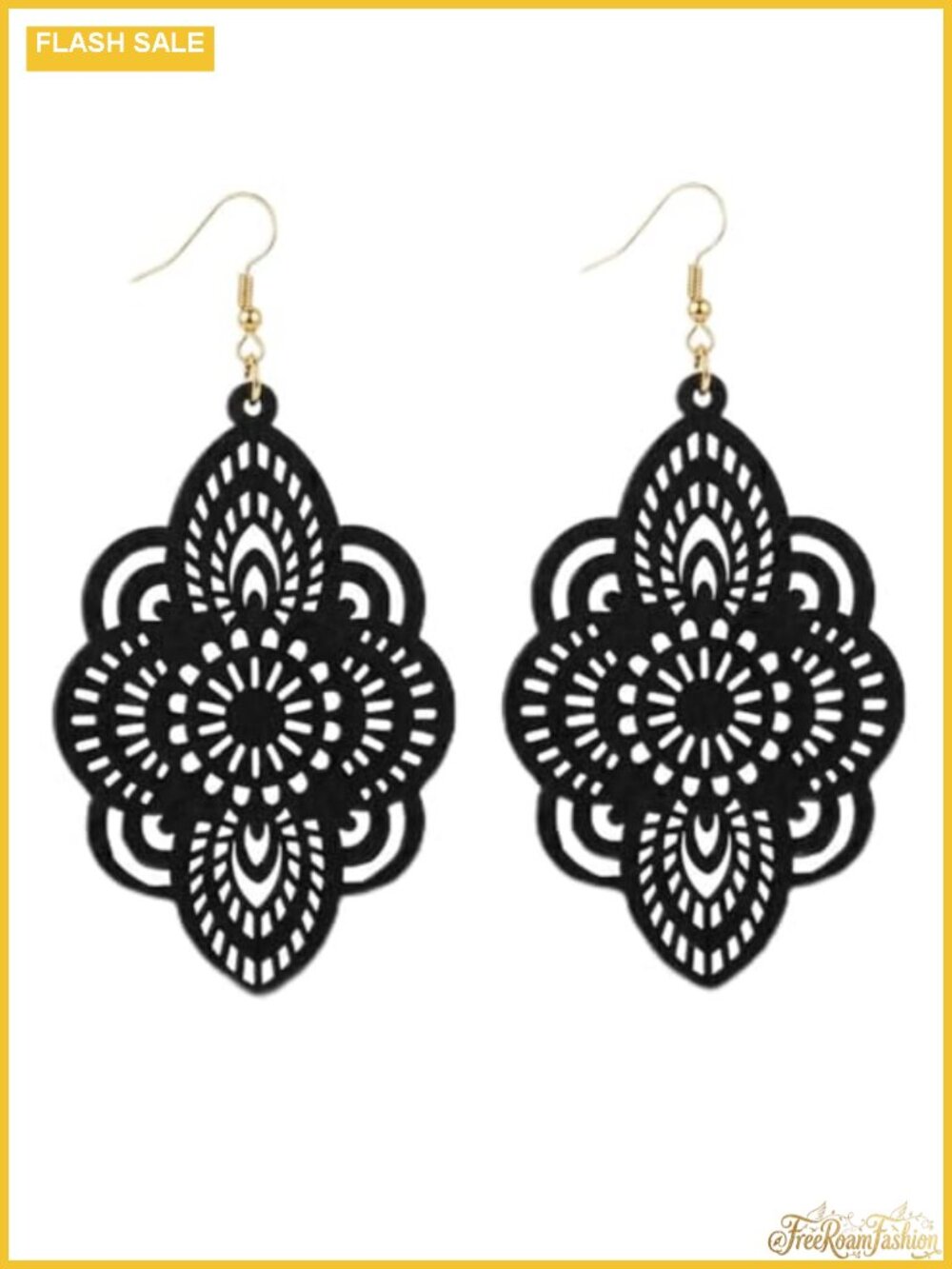 Boho Wood Filigree Dangle Drop Earrings Lightweight Hollow Lace 3.34 in